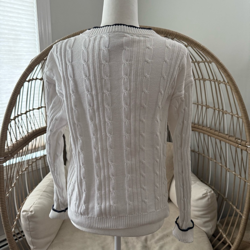 Northern Reflections White Cable Knit Cardigan Navy Trim Medium - Picture 3 of 8